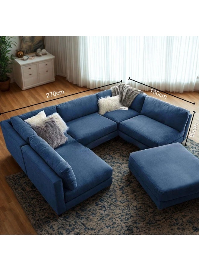 Al Zakharef Furniture Arman Modern U-Shape Linen Fabric Sectional Sofa with Ottoman – Soft Linen Upholstery, Deep Cushioned Seating, Luxury Living Room Sofa Set – Blue - Image 2